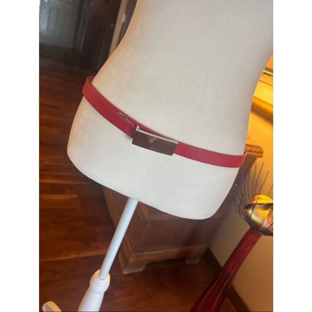 Woolrich Red Slim Leather Waist Belt with Silver Rectangle Metal Buckle M/L